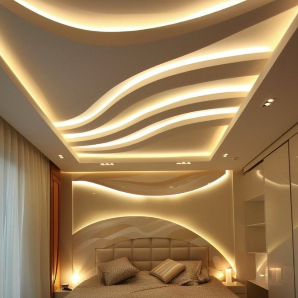 Layered Ceiling of a bedroom with a queen-size bed