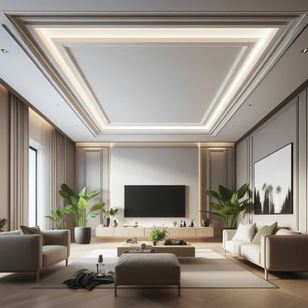 Plain Ceiling of a livingroom with a tv, sofa interior plant.
