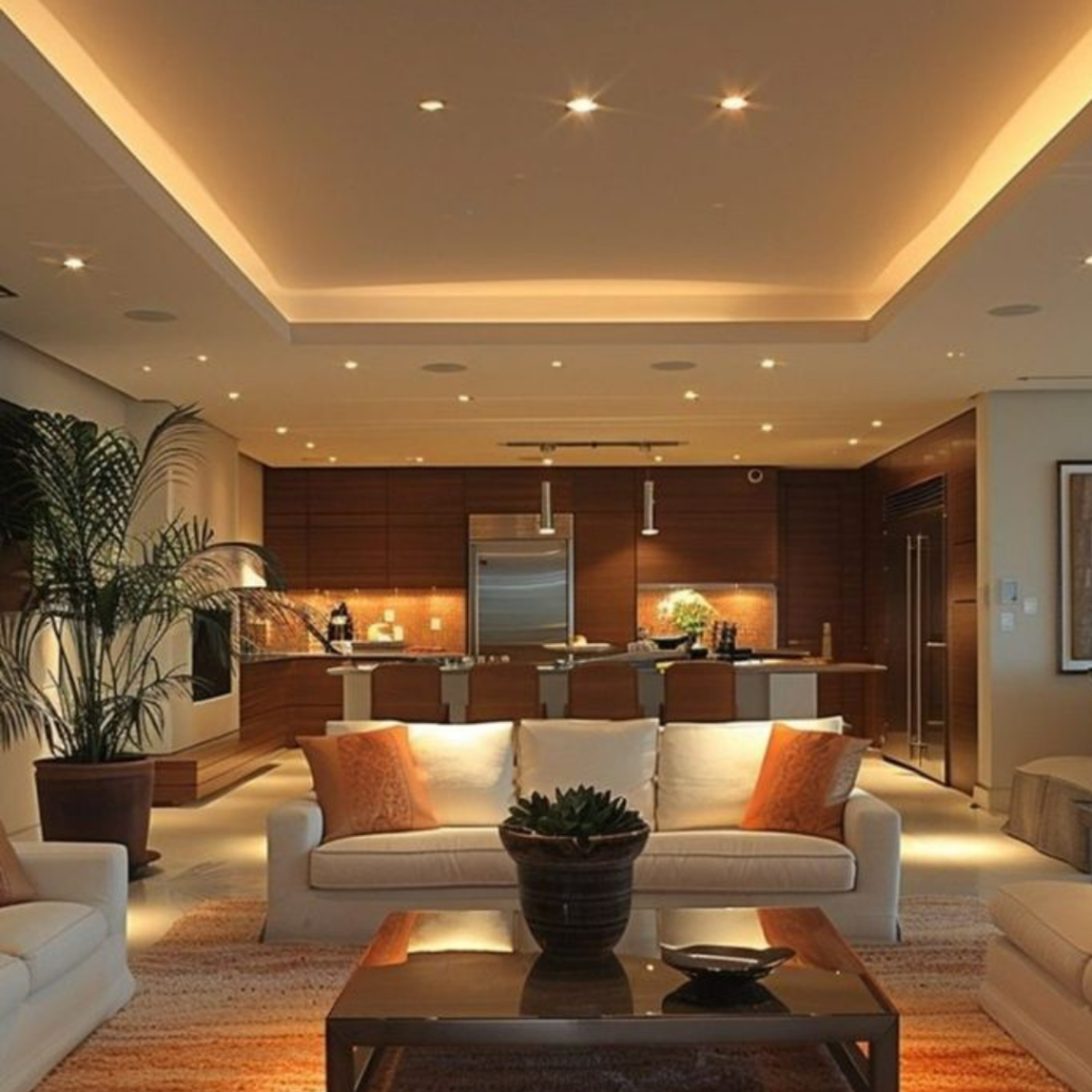 A home showcasing Recessed Lights, sofa, a cushion, and an interior plant, with a kitchen in background and a tea table infornt.