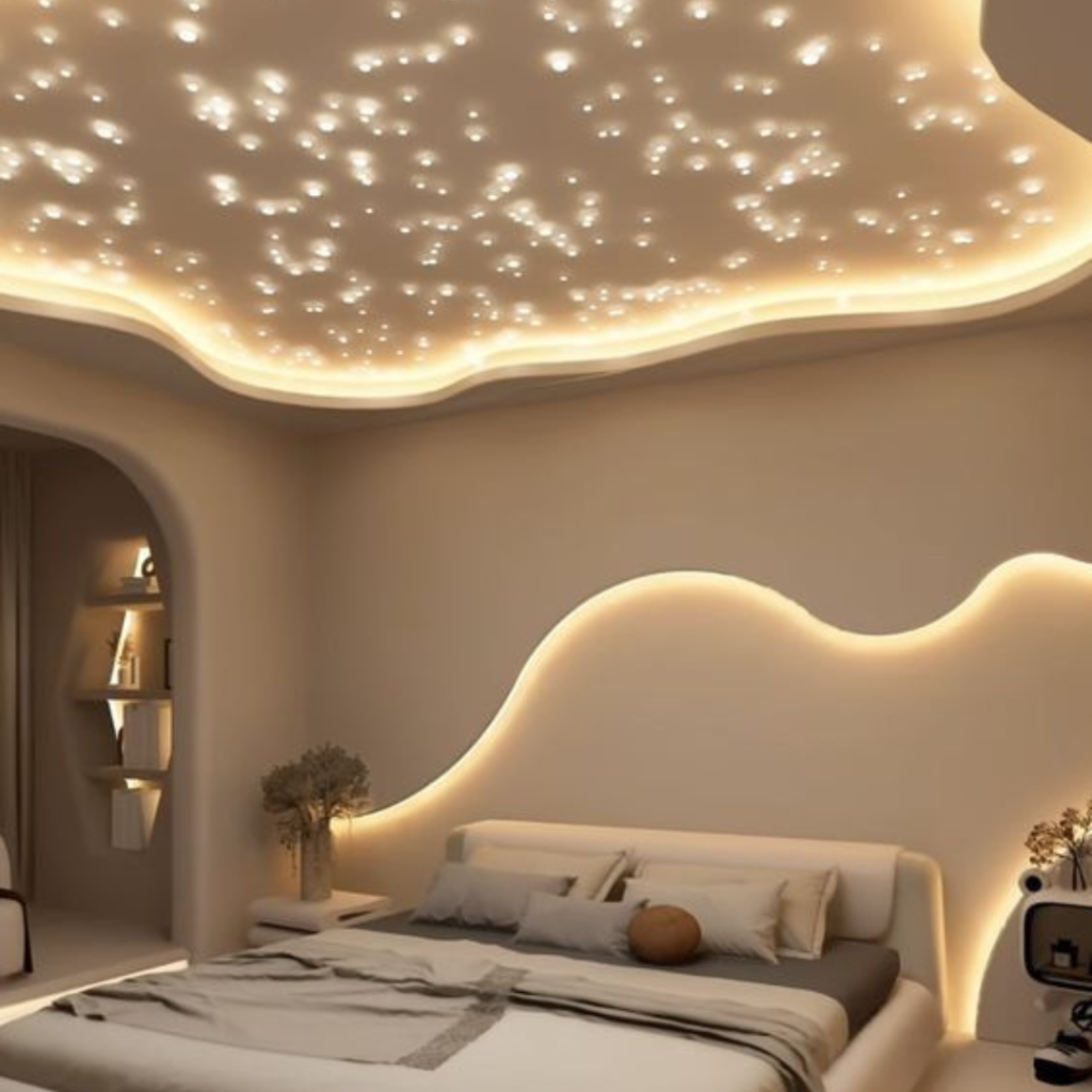 Strip or Rope Lighting of a bedroom with a king-size bed with a table lamp