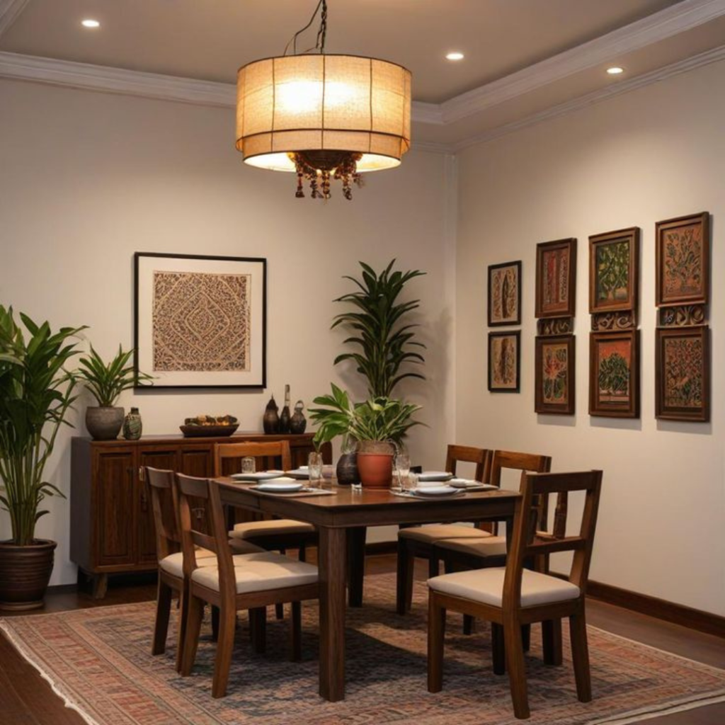 Traditional Dining Area with dining table, chair, traditional pendant light, wall hanging paints