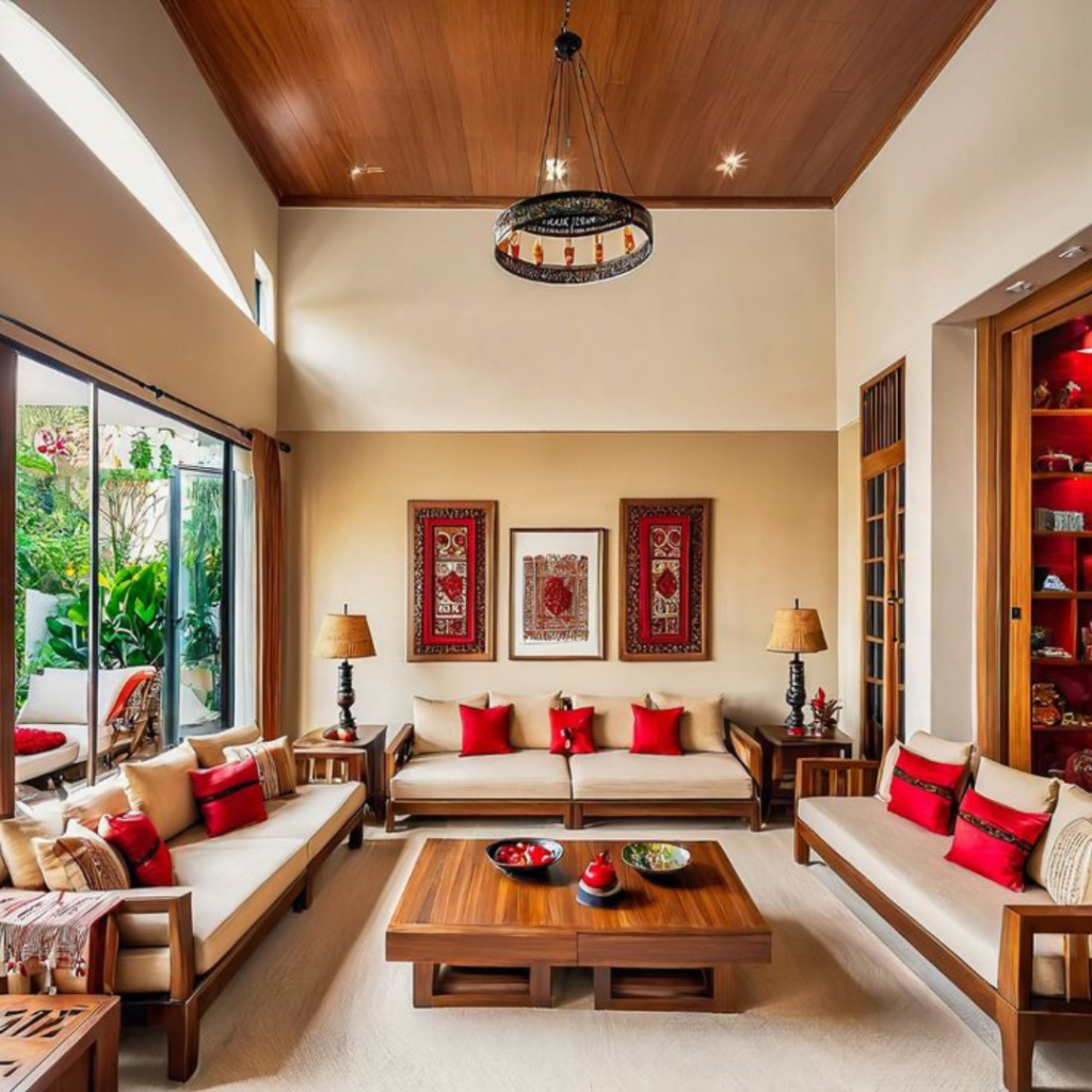 Traditional Livingroom with sofa, wall hanging, wooden table