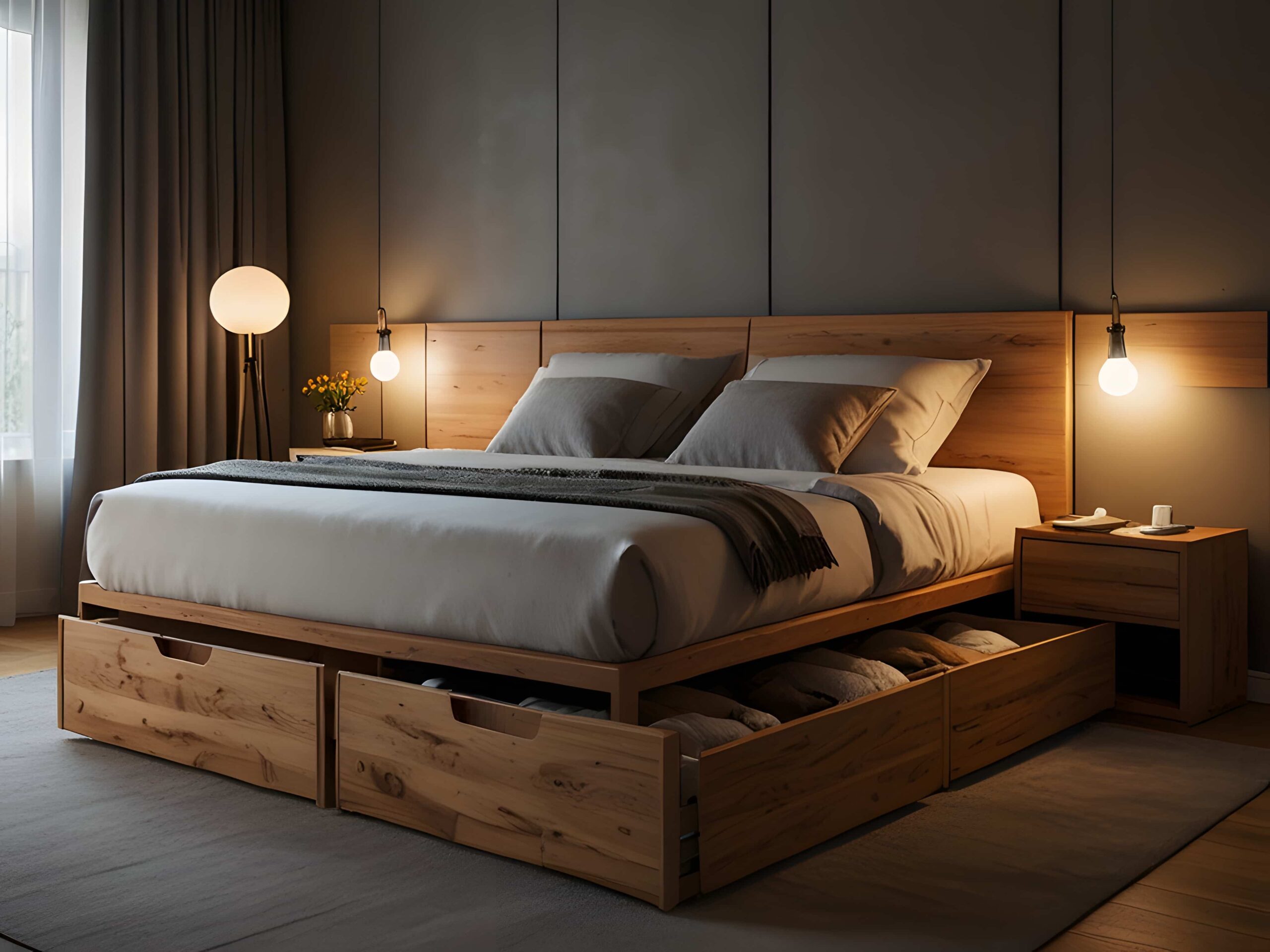 A modulkar bed with storage and side lamp