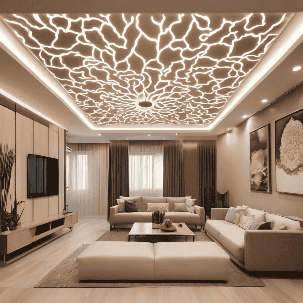 A house with a customized false ceiling a TV, a sofa, a table, and customized wall paintings