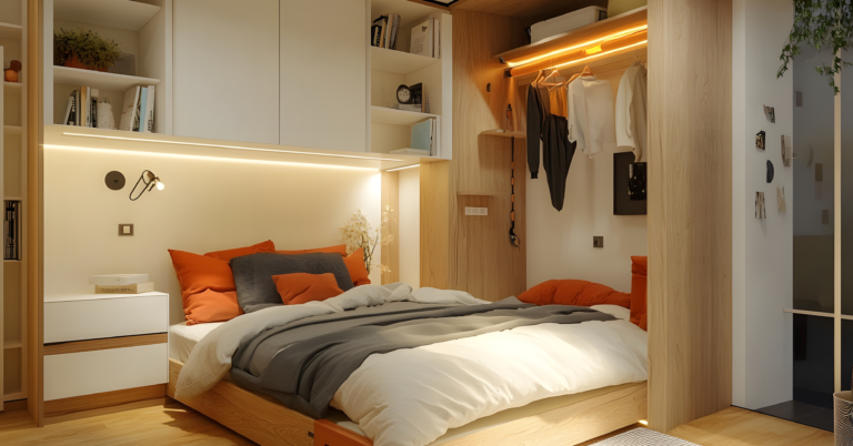 Bed with storage, side table