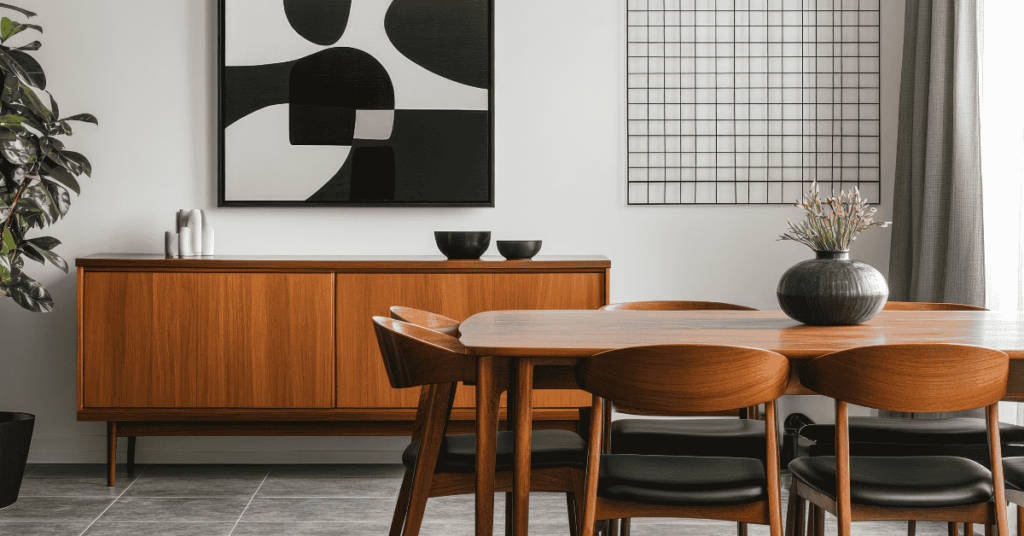 Dining room with a dining table for chairs, one wall paintings, one foyer storage