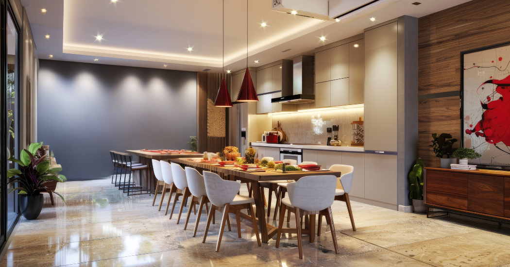 Modular Dining Room in 3 BHK with modern kitchen cabinetry and pantry unit with dining table and chair with pendent light
