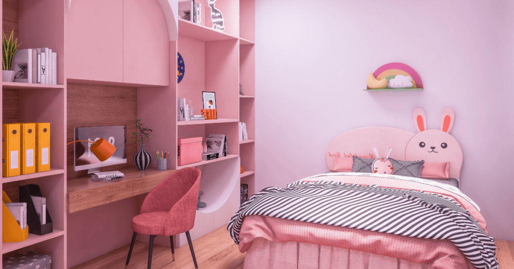 2 BHK kids room interior design with customized bed, customized study unit with storage.