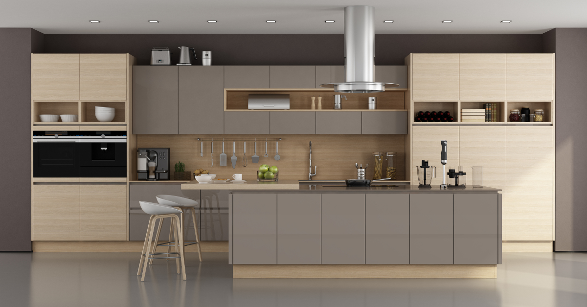 3 BHK Modular Kitchen Interiors with customized storage, microoven, Laminated ply