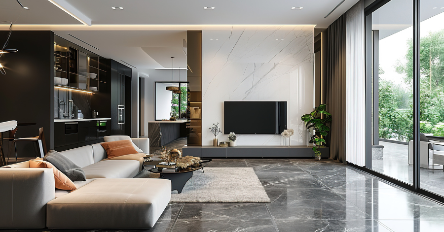 3 BHK Modular Livingroom in Kolkata with modern TV unit, luxury sofa, textured wallpaper.